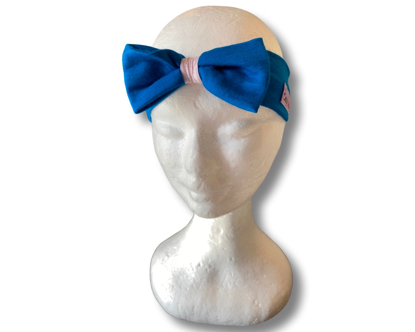 Baby Headband Merino- Blue Teal with Light Pink. 3-6M