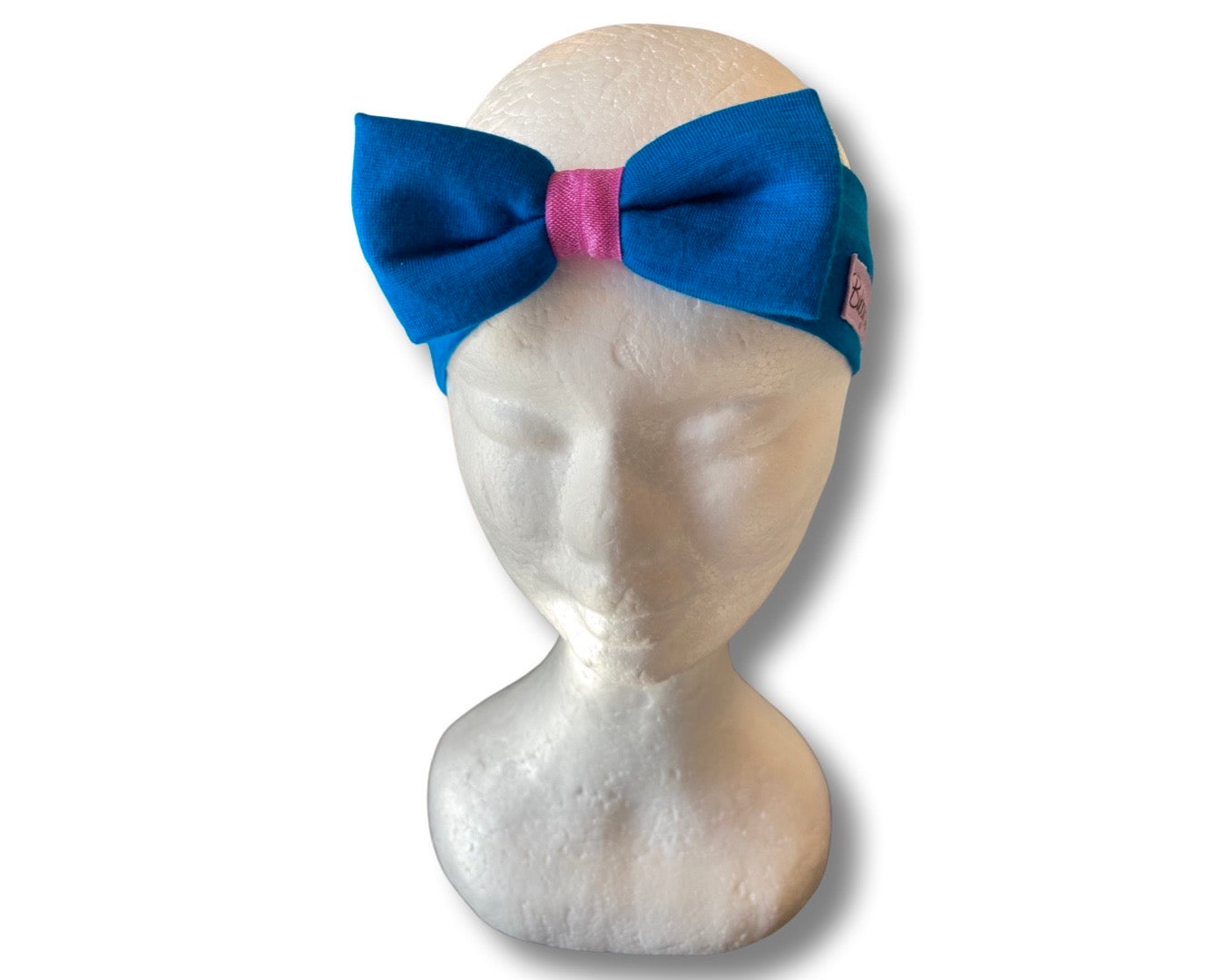Baby Headband Merino- Blue Teal with Dark Pink. 3-6M