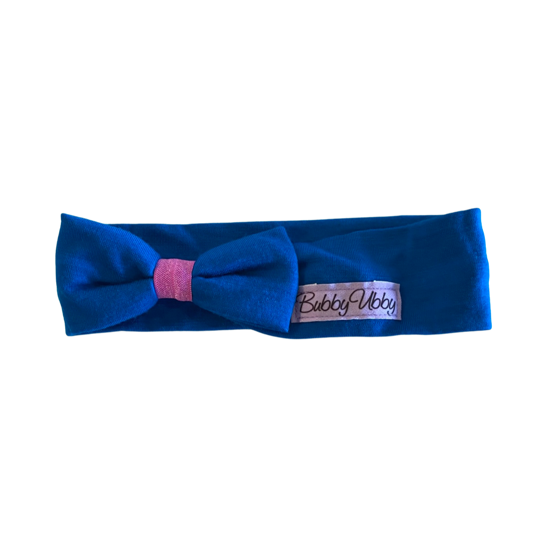 Baby Headband Merino- Blue Teal with Dark Pink. 0-3M